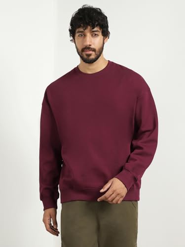 NOBERO Men's Cotton Blend Crew Neck Sweatshirt - Maroon - Image 2