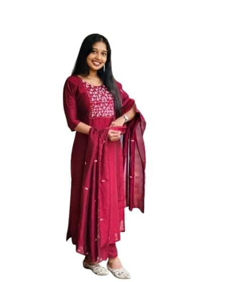 Wild Woven Women's Vichitra Silk Kurta with Dupatta - Maroon