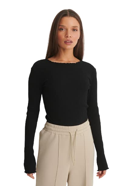 Redamancii Women's Cotton Full Sleeve Ribbed Top - Black