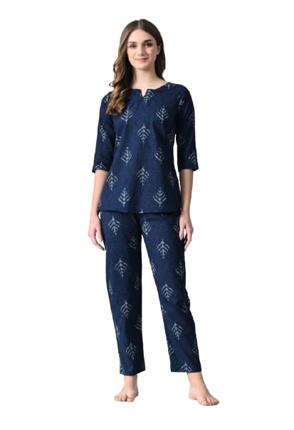 Ichaa Women's Blue Cotton Printed Nightwear Kurta