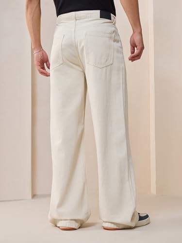 Bewakoof Men's Solid Wide Leg Cotton Jeans - Beige - Image 3