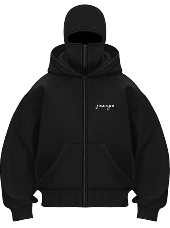 BE SAVAGE Balaclava Zipper Hoodie for Men - Black