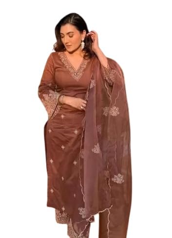 GarbGlide Women's Kurta Set with Dupatta & Bottomwear - Brown