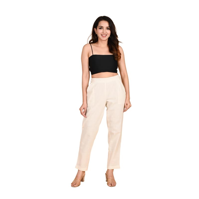 SAFED DHAGA Women's Cotton Trousers - White