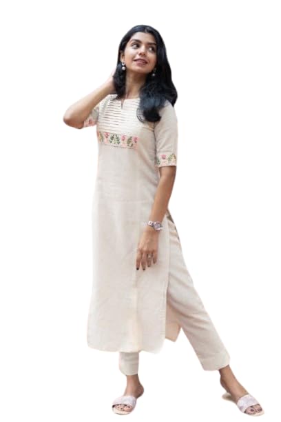 Kurta Pant Set with Embroidery - Beige