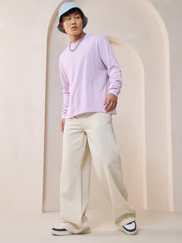 Bewakoof Men's Solid Wide Leg Cotton Jeans - Beige - Image 4