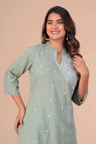 FABNEX Cotton Blend Kurta Set for Women - Pista - Image 2