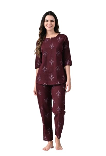 Ichaa Women's Wine Cotton Nightwear Set