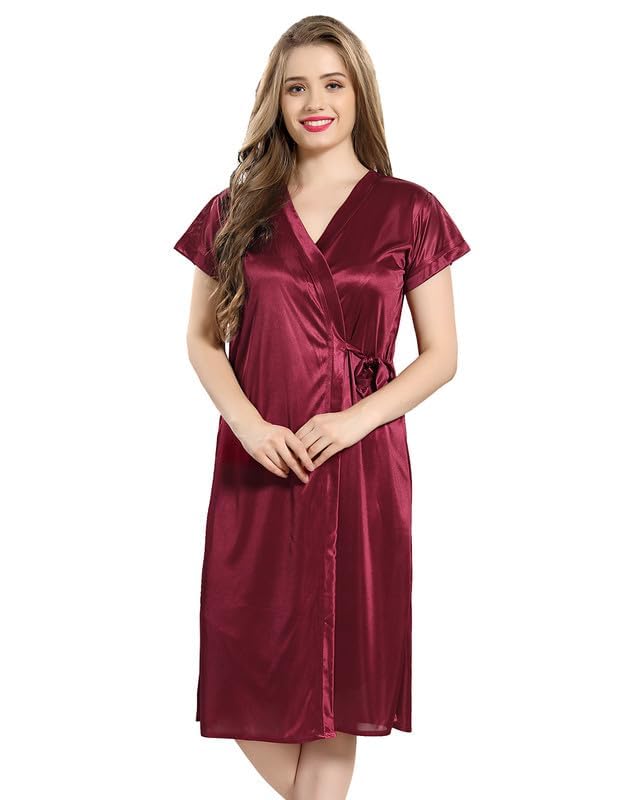 GarbGlide Women Satin Nighty with Lace - Maroon - Image 5