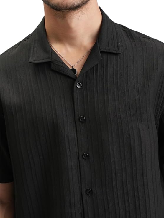 Funky Rich Men's Black Textured Popcorn Shirt - Image 5