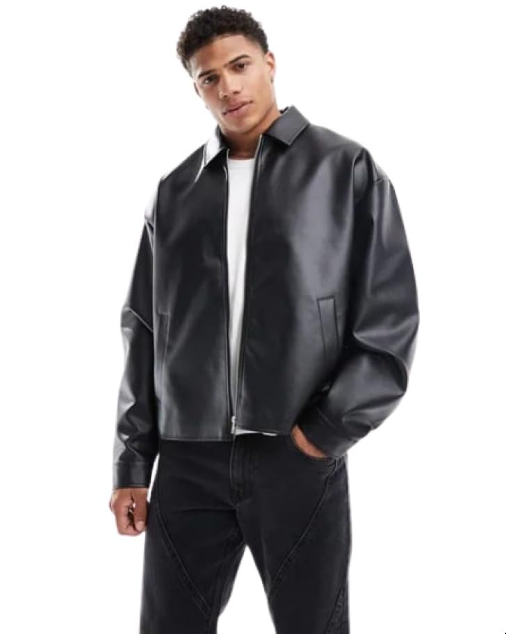 Black Faux Leather Bomber Jacket for Men