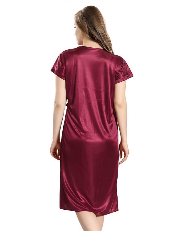 GarbGlide Women Satin Nighty with Lace - Maroon - Image 4