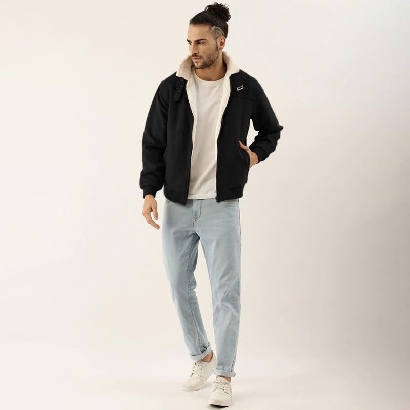 Campus Sutra Obsidian Black Fur-Lined Suede Bomber Jacket for Men - Image 4