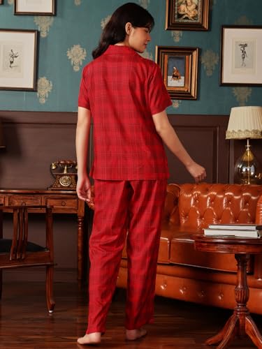 Clovia Red Cotton Checked Shirt Pyjama Set for Women - Image 3