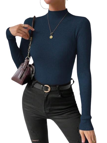 TIVANTE Solid Turtle Neck Ribbed Long Sleeve Top for Women - Navy Blue