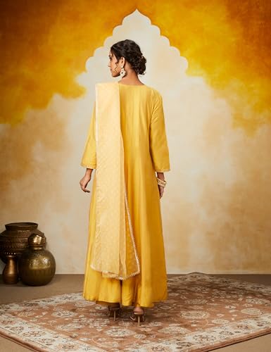 Myx Women's Embroidered Anarkali Kurta Pant Set - Marigold Yellow - Image 2
