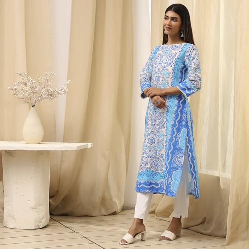 BIBA Women's Cambric Printed Straight Kurta - Dark Blue - Image 4