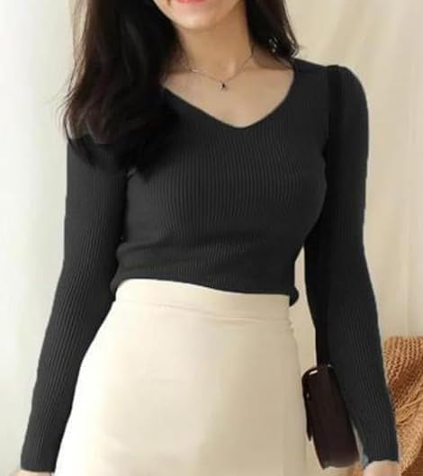 Black V Neck Ribbed Top for Girls - Image 2