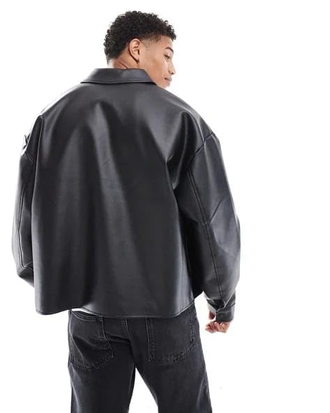 Black Faux Leather Bomber Jacket for Men - Image 3