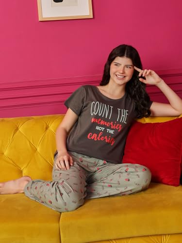 Clovia Women's Cotton Printed Top & Pyjama Set - Grey - Image 3