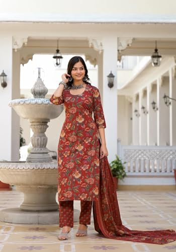 FABNEX Women Cotton Blend Kurta Set - Red - Image 3