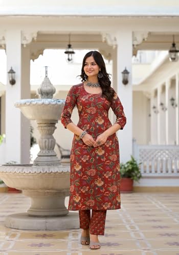 FABNEX Women Cotton Blend Kurta Set - Red - Image 2