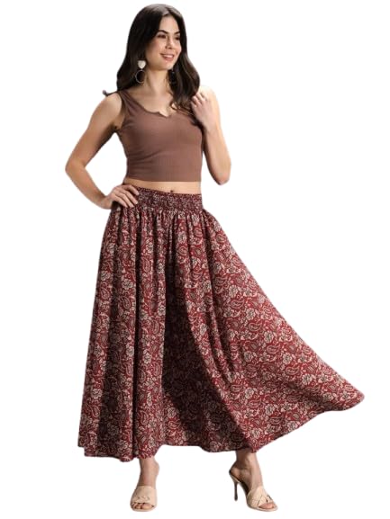 SCUBE DESIGNS Maroon Floral Viscose Crepe Flared Palazzo Pants for Women