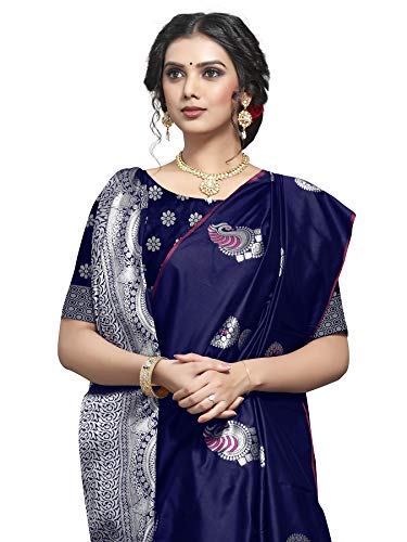 Shiv Textiles Banarasi Silk Saree for Women - Navy Blue - Image 2