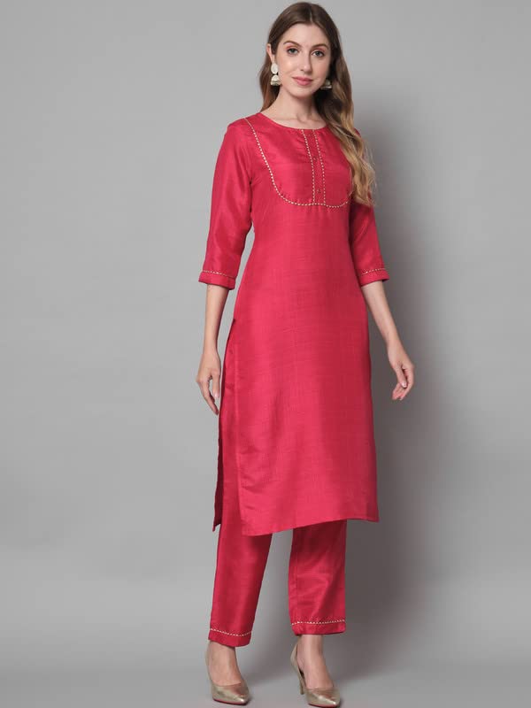 VredeVogel Women's Cotton Silk Kurta Pant Set - Cherry Red - Image 3