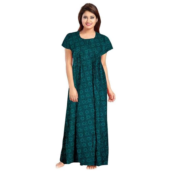 WiWi Women's Cotton Printed Gown Nighty - Coffee & Green - Image 5