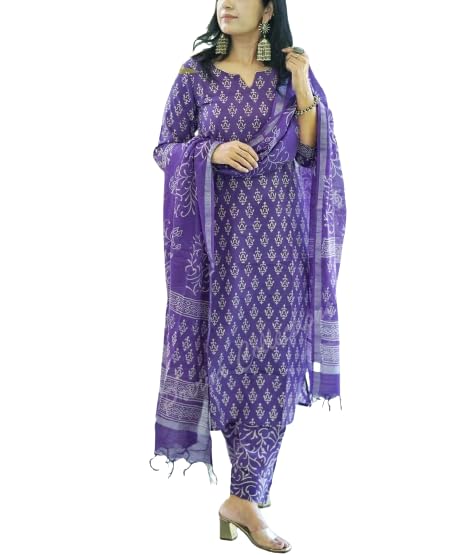 MEERA FAB Women's Cotton Printed Kurta Set - Purple - Image 3