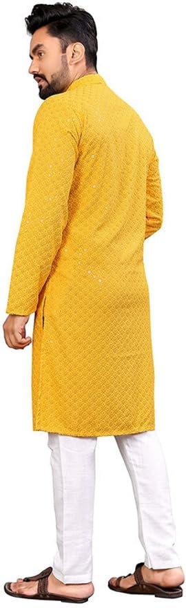 LookMark Men's Chikankari Kurta - Yellow - Image 3