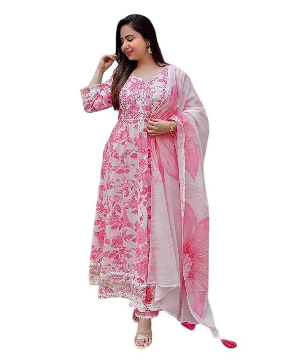 Kurti Pant Dupatta Set for Women - Pink Floral