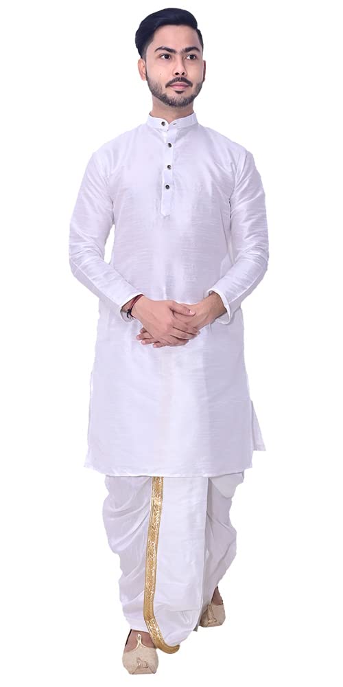 Om Fashion Men Silk Kurta Dhoti Set - White