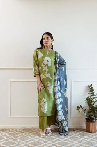 ANNI DESIGNER Women's Rayon Printed Kurta with Pant & Dupatta - Green - Image 3