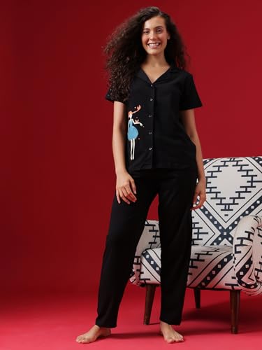 Clovia Women's Cotton Printed Shirt & Pajama Set - Black - Image 2