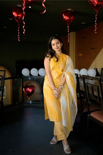 ANNI DESIGNER Women's Rayon Viscose Kurta with Pant & Dupatta - Yellow - Image 3