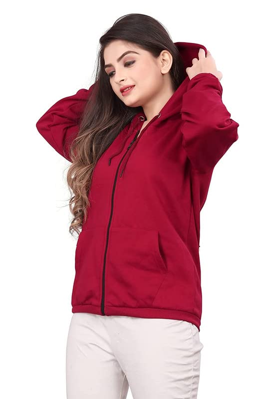 Women's Casual Hoodie with Zipper - Maroon - Image 4
