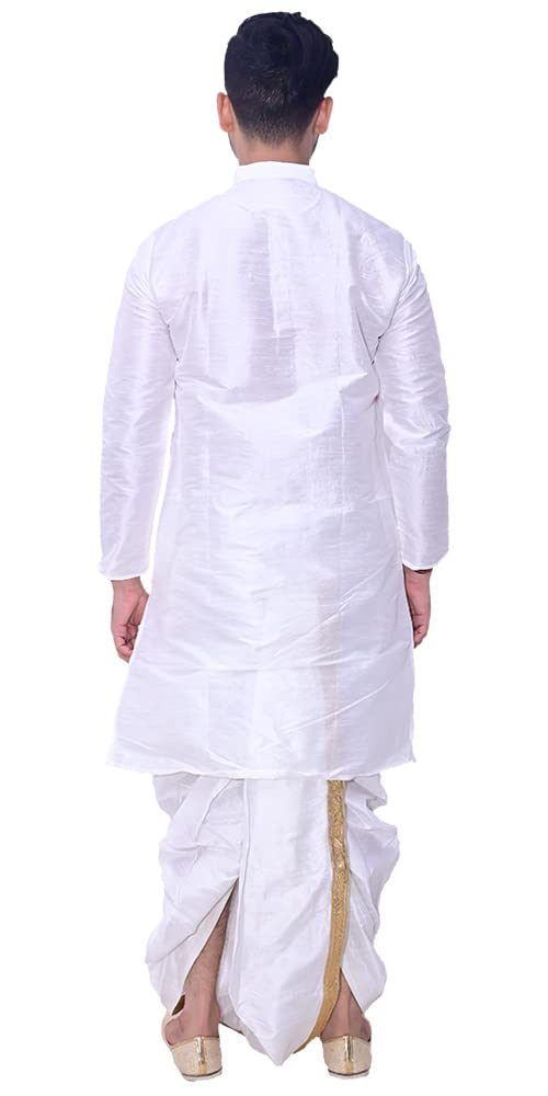 Om Fashion Men Silk Kurta Dhoti Set - White - Image 4