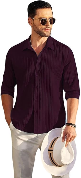 DEELMO Men's Linen Shirt - White Purple - Image 5