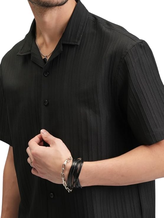 Funky Rich Men's Black Textured Popcorn Shirt - Image 2