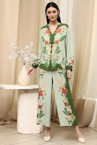 Asmeriyo Women Co-Ord Kurta Set - Green Floral - Image 2
