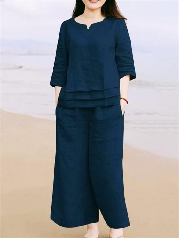 Navy Blue Cotton Linen Coord Set for Women - Image 2