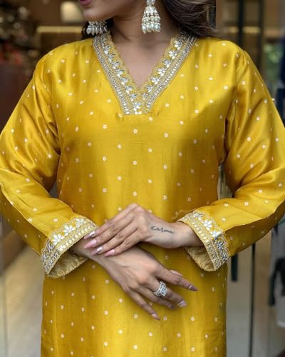 Yellow Silk Blend Kurta Pant Set with Dupatta for Women - Image 2