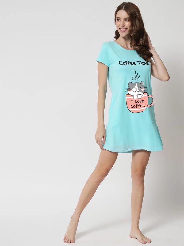 Fflirtygo Turquoise Printed Cotton Nighty for Women - Image 4