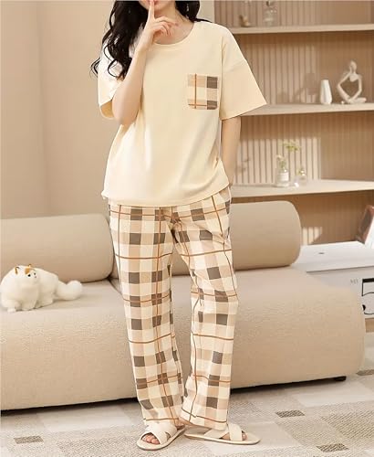 Luxe Beige Geometric Cotton Blend Pajama Set for Women - Image 2