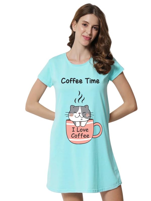 Fflirtygo Turquoise Printed Cotton Nighty for Women