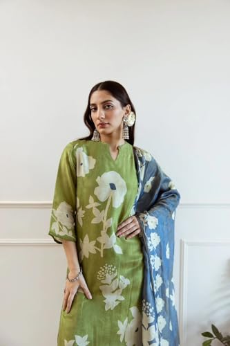 ANNI DESIGNER Women's Rayon Printed Kurta with Pant & Dupatta - Green - Image 4