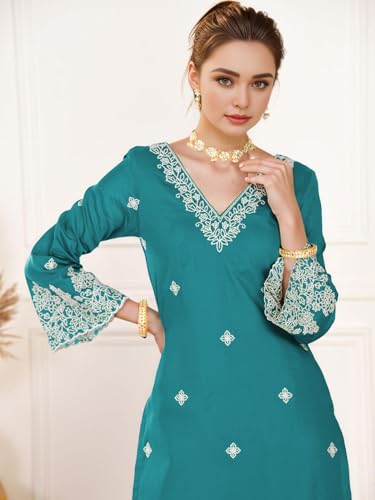 SHIENZY Women's Embroidered Chanderi Kurta Pant Set - Image 3