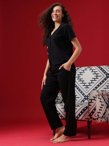 Clovia Women's Cotton Printed Shirt & Pajama Set - Black - Image 4